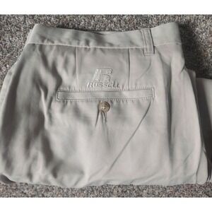 Russell Athletic Mens Tan Khaki Pleated Dress Slacks Pants Size 38 x 36 raw hem